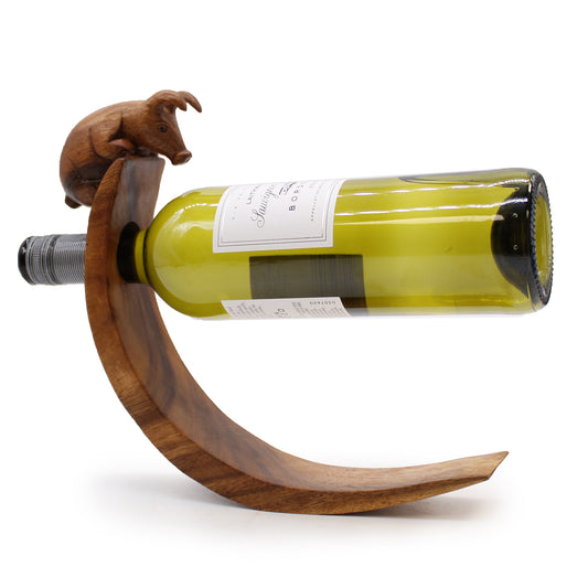 Handmade Wood Balance Wine Holder with Pig