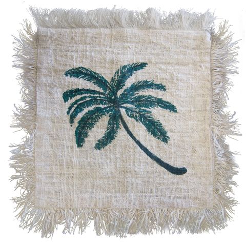 Linen Cushion Cover 45x45cm Palm Tree with Fringe