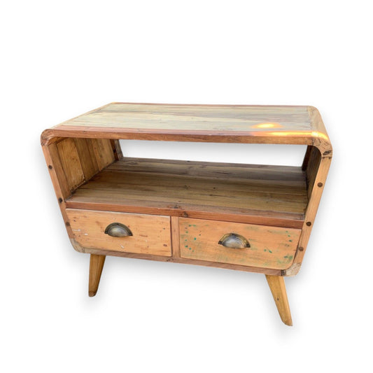 Small TV Stand with 2 Draws Round - Recycled Wood