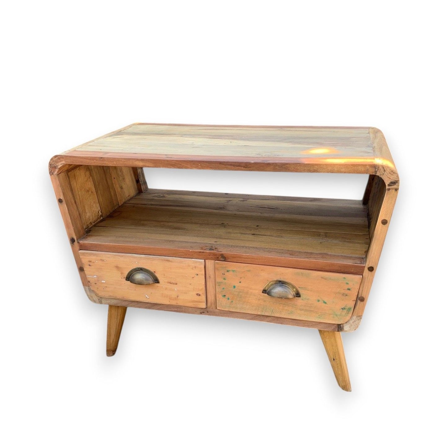 Recycled Teak Wood Small TV Stand with 2 Draws Round Length 81x49x41cm