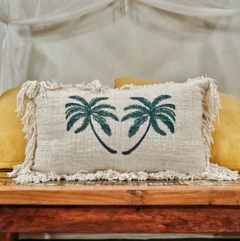 Linen Cushion Cover 30x50cm Palm Tree with Fringe