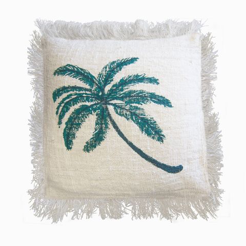 Linen Cushion Cover 45x45cm Palm Tree  with Fringe
