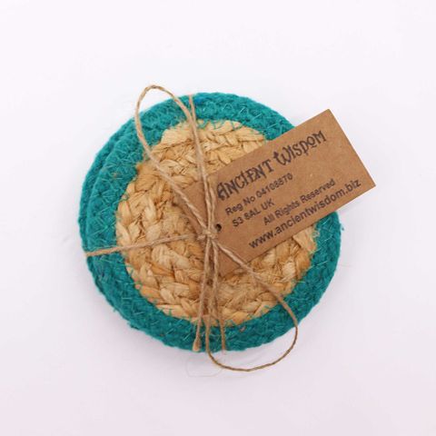 Natural Coaster Set | Jute & Cotton | Teal Border | Set of 4