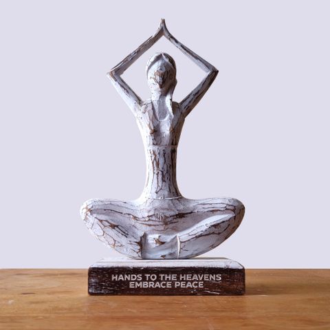 Wooden Yoga Lady | Hands Up Pose | Whitewash Finish