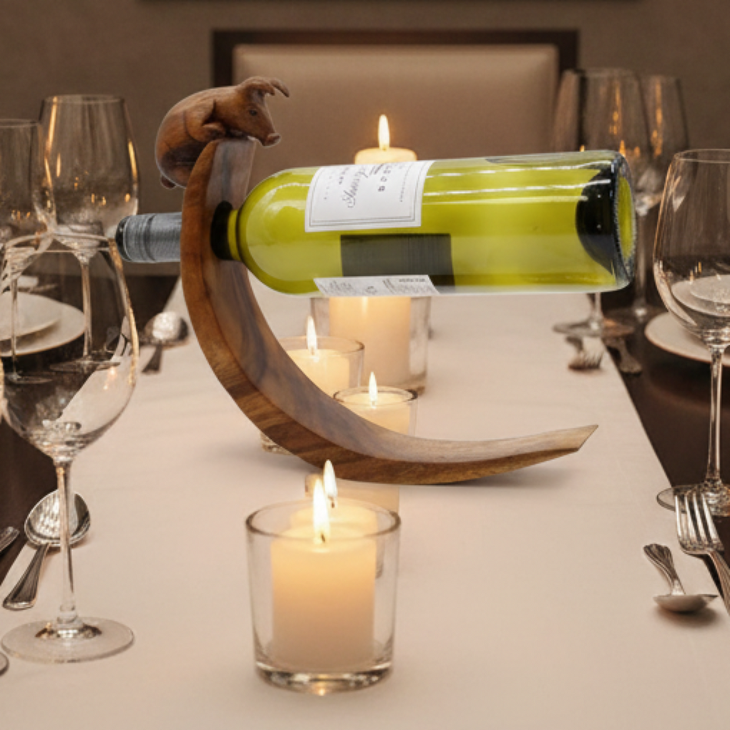 Handmade Wood Balance Wine Holder with Pig