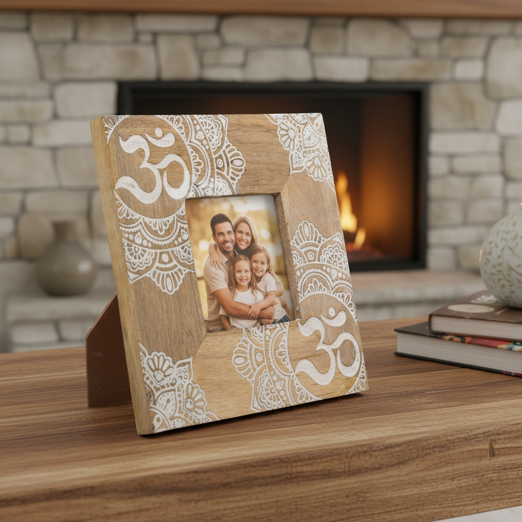 Small White Ohm Mandala Mango Wood Photo Frame 10x10cm