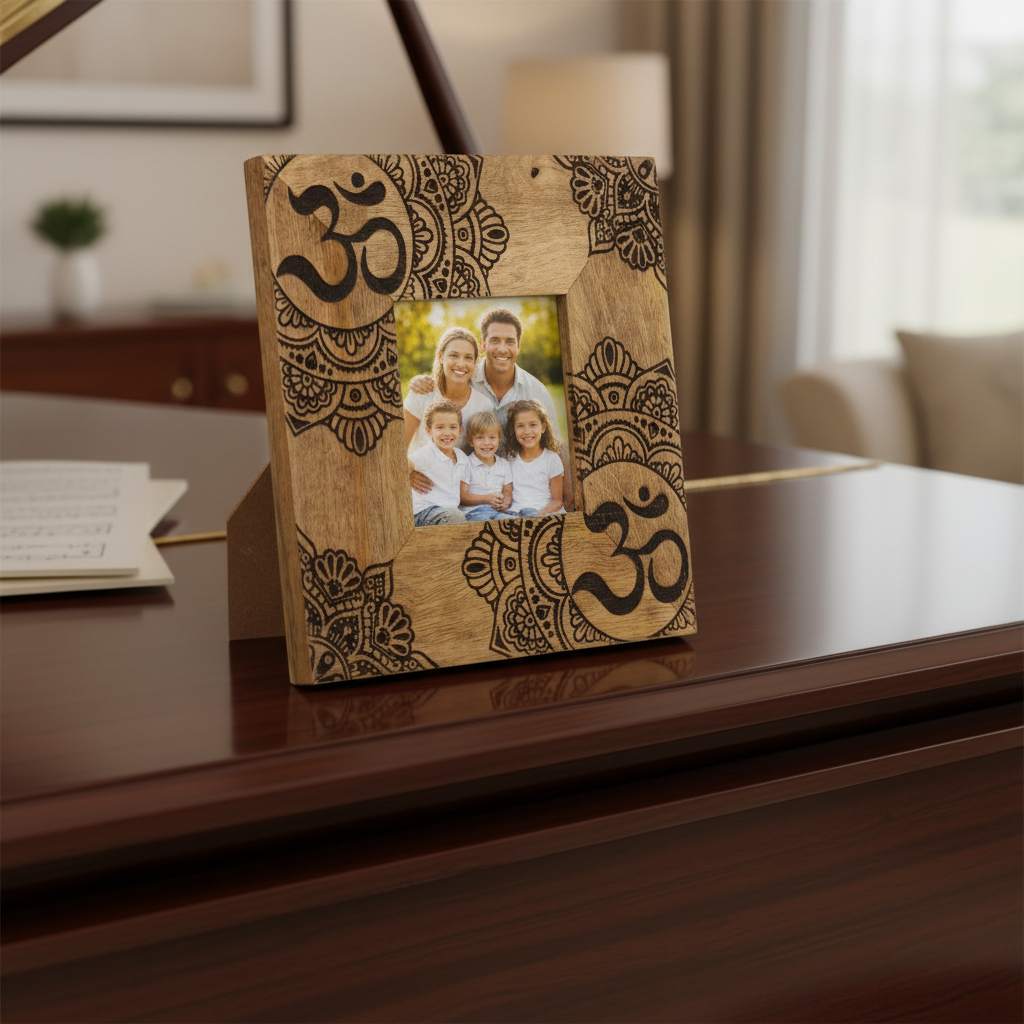 Small Black Ohm Mandala Mango Wood Photo Frame 10x10cm