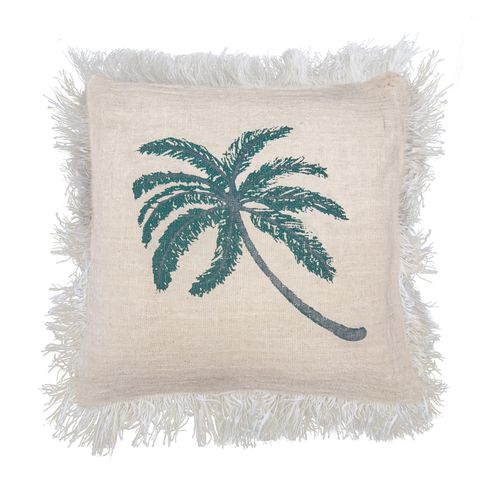 Linen Cushion Cover 60x60cm Palm Tree  with Fringe