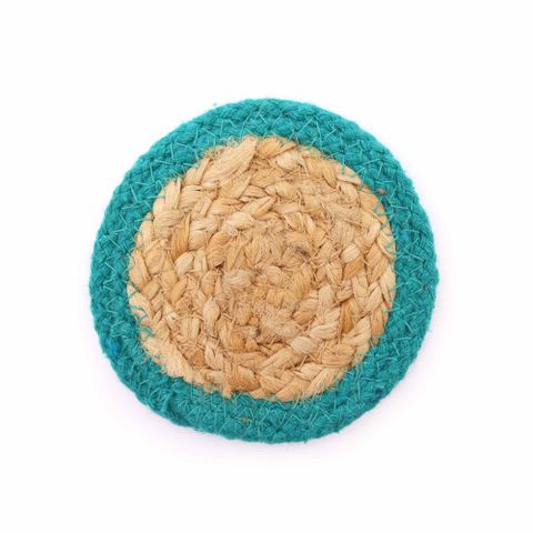 Natural Coaster Set | Jute & Cotton | Teal Border | Set of 4