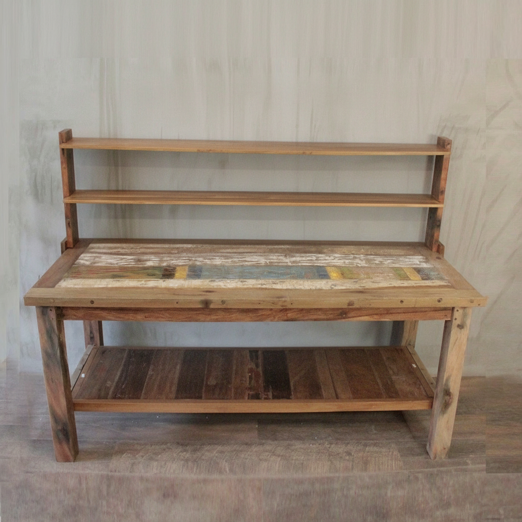 Recycled Teak Wood Dining Table with Top Shelf  180×80x80cm