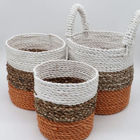Set of 3 Orange Seagrass Storage Baskets 14-16-17 cm