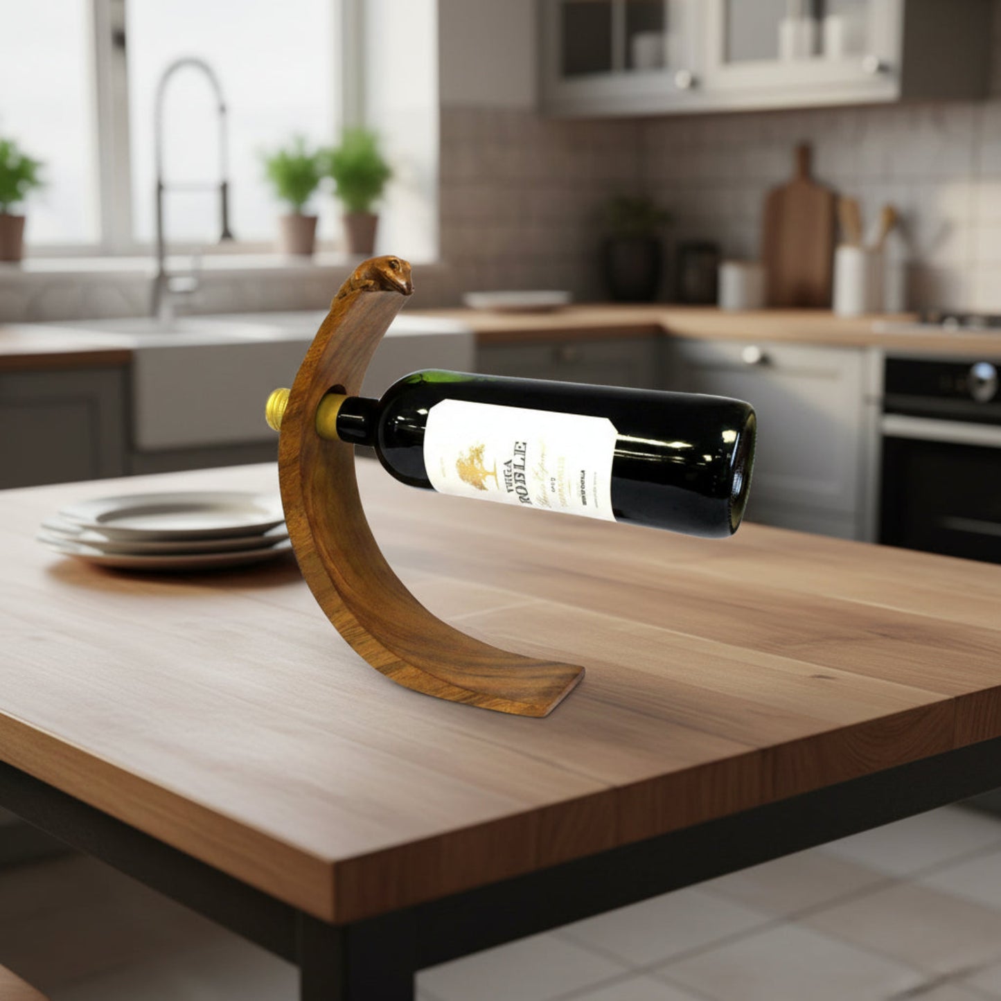 Handmade Wood Balance Wine Holder with Gecko
