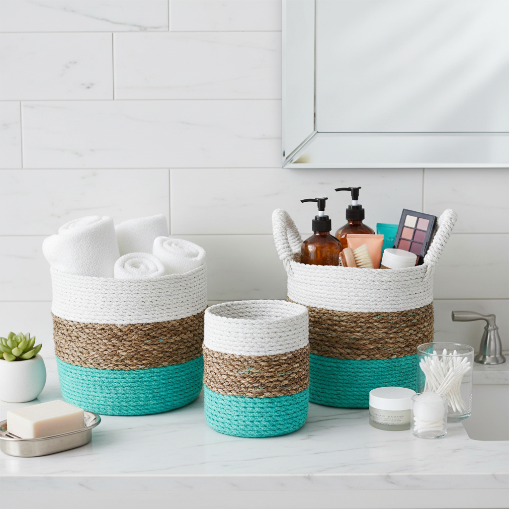 Set of 3 Green Seagrass Storage Baskets 14-16-17 cm