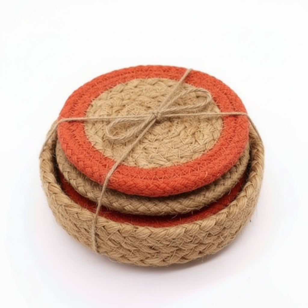 Natural Coaster - Jute & Cotton 10cm  (set of 6) Mixed colours in basket