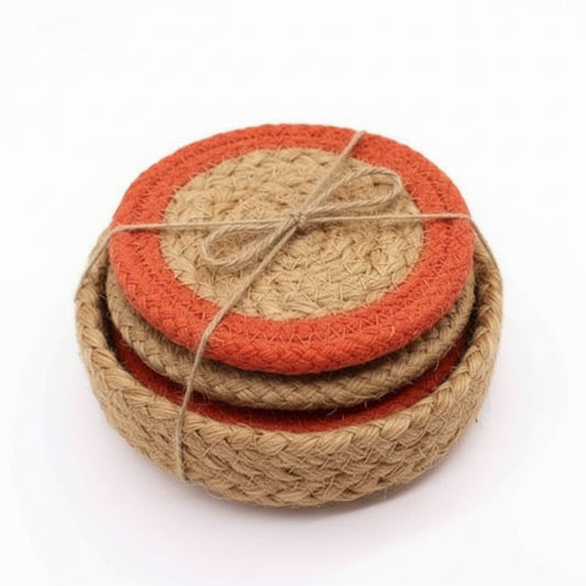 Natural Coaster - Jute & Cotton 10cm  (set of 6) Mixed colours in basket