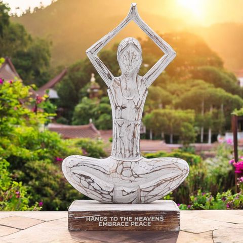 Wooden Yoga Lady | Hands Up Pose | Whitewash Finish